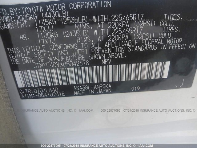 JTMYF4DVXB5042678 - 2011 TOYOTA RAV4 LIMITED WHITE photo 9