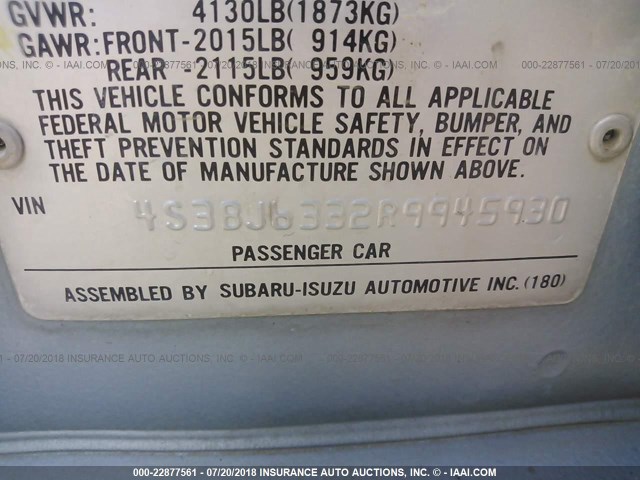 4S3BJ6332R9945930 - 1994 SUBARU LEGACY L/L SUNSPORT Light Blue photo 9