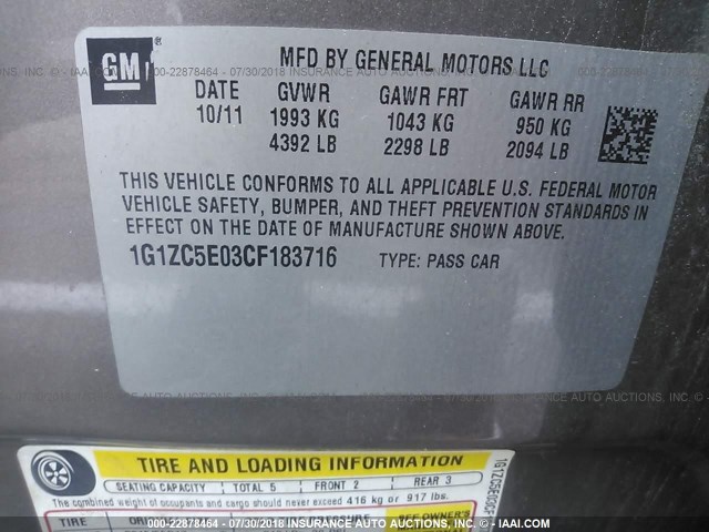 1G1ZC5E03CF183716 - 2012 CHEVROLET MALIBU 1LT მუქი ყავისფერი ფოტო 9