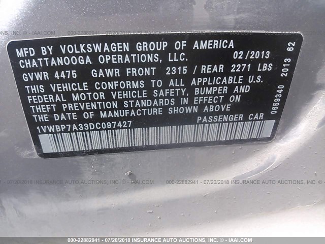 1VWBP7A33DC097427 - 2013 VOLKSWAGEN PASSAT SE SILVER photo 9