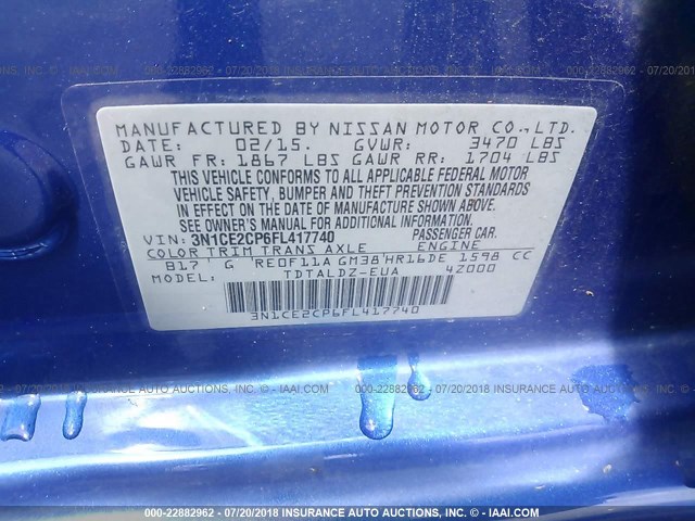 3N1CE2CP6FL417740 - 2015 NISSAN VERSA NOTE S/S PLUS/SV/SL/SR BLUE photo 9