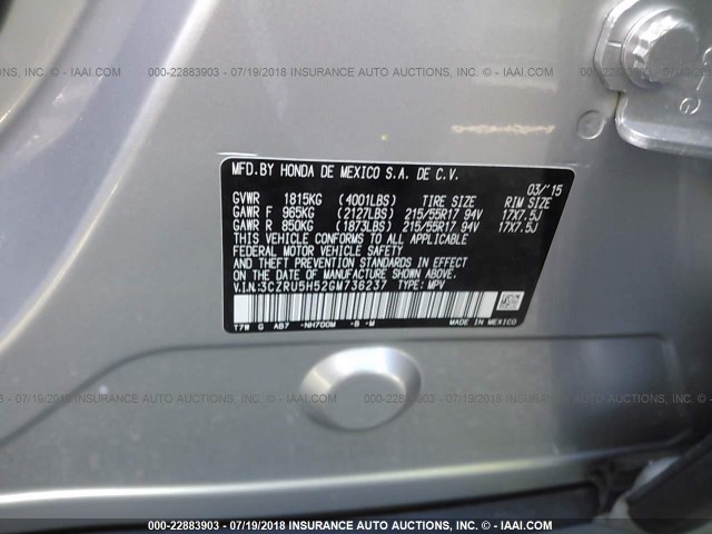 3CZRU5H52GM736237 - 2016 HONDA HR-V EX SILVER photo 9