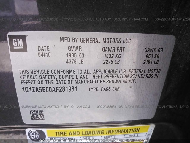 1G1ZA5E00AF281931 - 2010 CHEVROLET MALIBU LS Boz foto 9