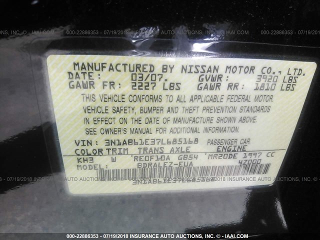 3N1AB61E37L685168 - 2007 NISSAN SENTRA 2.0/2.0S/2.0SL BLACK photo 9