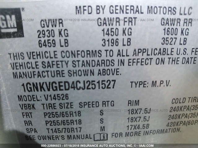 1GNKVGED4CJ251527 - 2012 CHEVROLET TRAVERSE LT SILVER photo 9