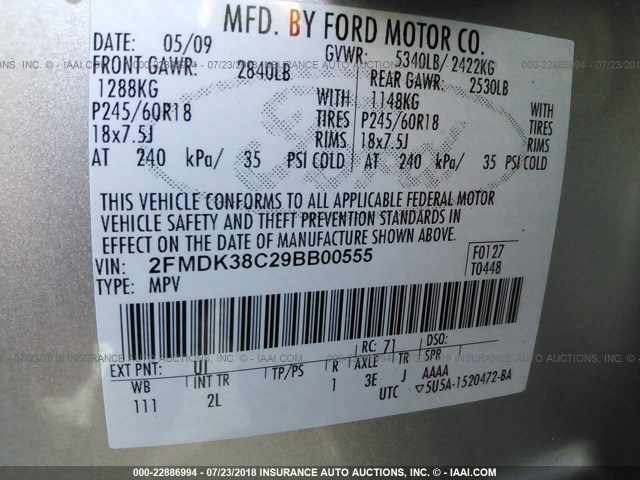 2FMDK38C29BB00555 - 2009 FORD EDGE SEL SILVER photo 9