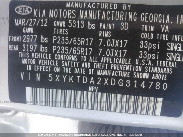 5XYKTDA2XDG314780 - 2013 KIA SORENTO LX SILVER photo 9