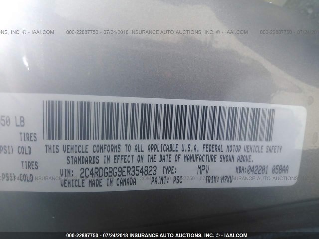 2C4RDGBG9ER354823 - 2014 DODGE GRAND CARAVAN SE GRAY photo 9