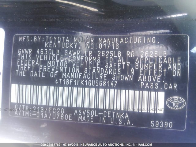 4T1BF1FK1GU568147 - 2016 TOYOTA CAMRY LE/XLE/SE/XSE BLACK photo 9