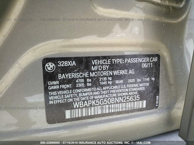 WBAPK5G50BNN25635 - 2011 BMW 328 XI SULEV BROWN photo 9