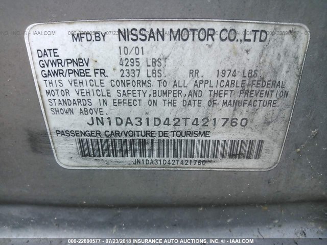 JN1DA31D42T421760 - 2002 NISSAN MAXIMA GLE/GXE/SE GOLD photo 9