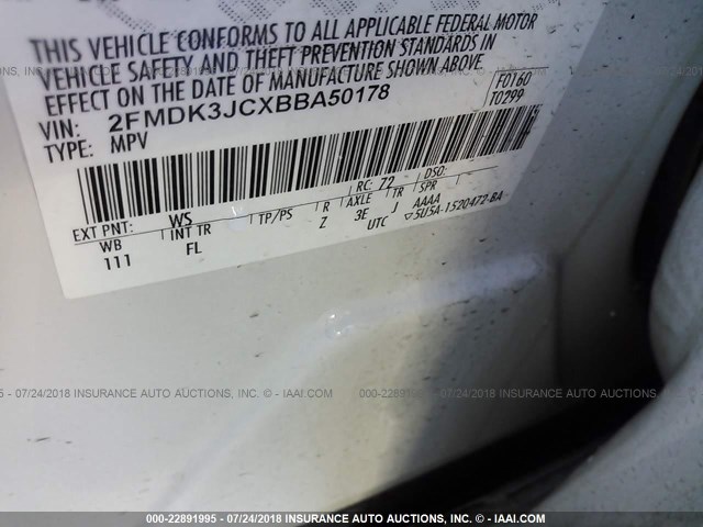 2FMDK3JCXBBA50178 - 2011 FORD EDGE SEL WHITE photo 9