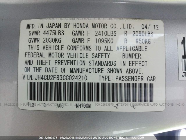 JH4CU2F83CC024210 - 2012 ACURA TSX SE SILVER photo 9