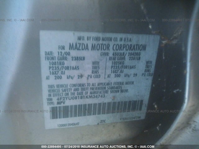 4F2YU08181KM34743 - 2001 MAZDA TRIBUTE LX/ES 灰色 照片 9