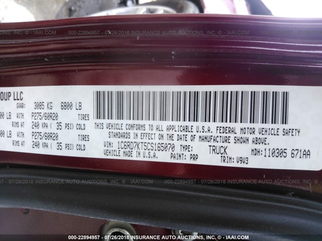 1C6RD7KT5CS165070 - 2012 DODGE RAM 1500 ST MAROON photo 9