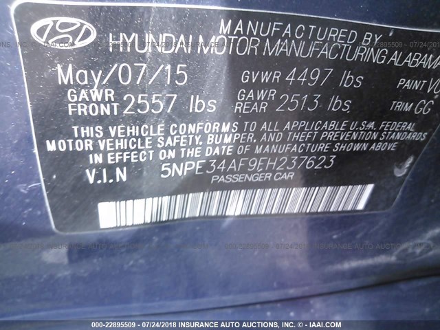 5NPE34AF9FH237623 - 2015 HYUNDAI SONATA SPORT/LIMITED BLUE photo 9