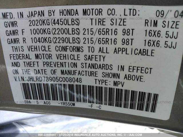 JHLRD78905C008048 - 2005 HONDA CR-V SE/EX BEIGE photo 9