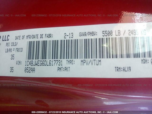 1C4BJWEG6DL617731 - 2013 JEEP WRANGLER UNLIMITE SAHARA RED photo 9