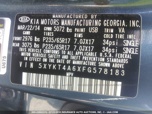 5XYKT4A6XFG578183 - 2015 KIA SORENTO LX BLUE photo 9