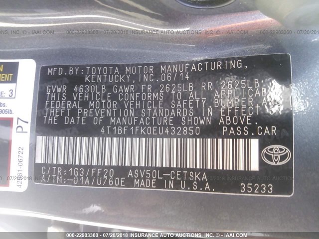 4T1BF1FK0EU432850 - 2014 TOYOTA CAMRY L/SE/LE/XLE Boz foto 9