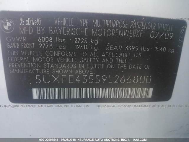 5UXFE43559L266800 - 2009 BMW X5 XDRIVE30I WHITE photo 9