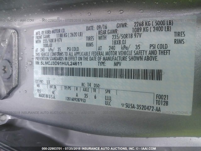 5LMCJ3D91HUL24611 - 2017 LINCOLN MKC RESERVE Plata foto 9