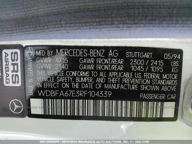 WDBFA67E3RF104339 - 1994 MERCEDES-BENZ SL 500 WHITE photo 9