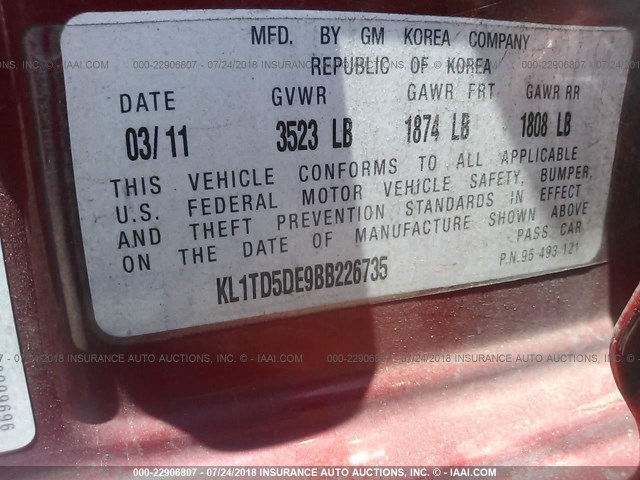 KL1TD5DE9BB226735 - 2011 CHEVROLET AVEO LS/LT წითელი ფოტო 9