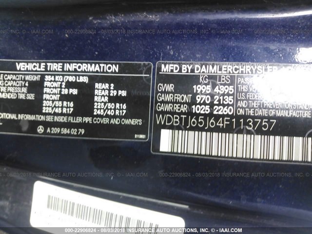 WDBTJ65J64F113757 - 2004 MERCEDES-BENZ CLK 320C Dark Blue photo 9