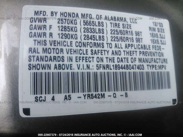 5FNRL18944B047403 - 2004 HONDA ODYSSEY EXL GOLD photo 9