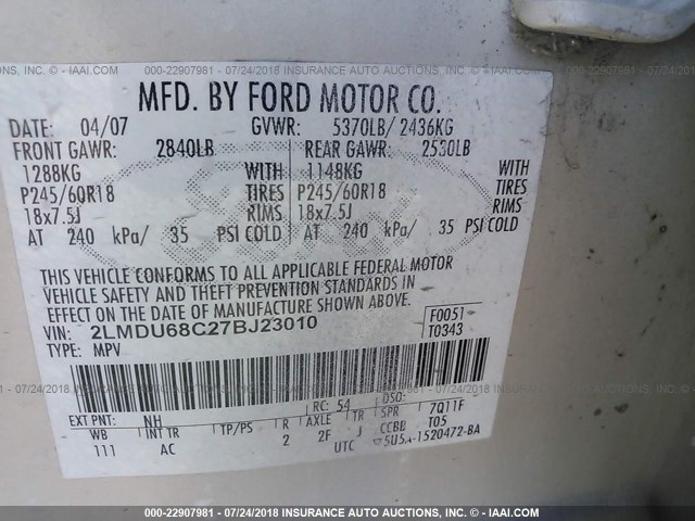 2LMDU68C27BJ23010 - 2007 LINCOLN MKX WHITE photo 9