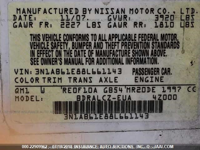 3N1AB61E88L661143 - 2008 NISSAN SENTRA 2.0/2.0S/2.0SL WHITE photo 9