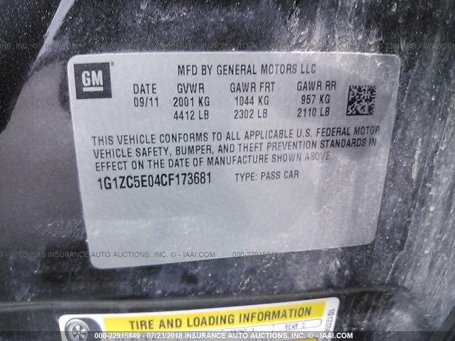 1G1ZC5E04CF173681 - 2012 CHEVROLET MALIBU 1LT BLACK photo 9