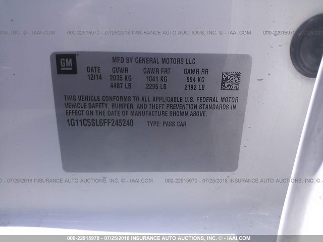 1G11C5SL6FF245240 - 2015 CHEVROLET MALIBU 1LT WHITE photo 9