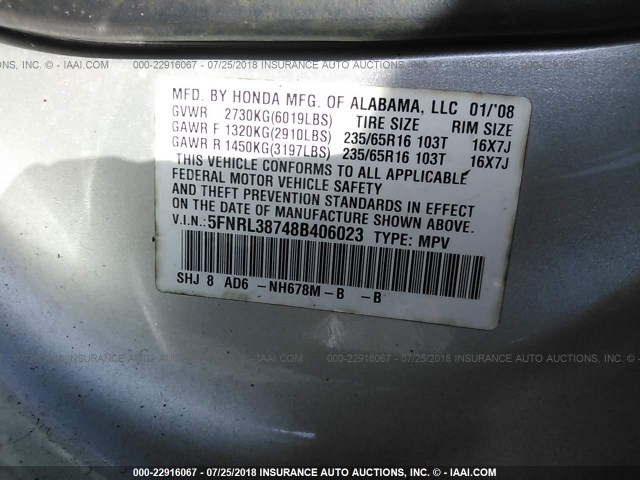 5FNRL38748B406023 - 2008 HONDA ODYSSEY EXL SILVER photo 9