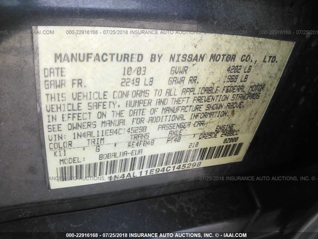 1N4AL11E94C145298 - 2004 NISSAN ALTIMA S/SL GRAY photo 9