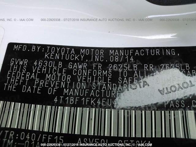 4T1BF1FK4EU456665 - 2014 TOYOTA CAMRY L/SE/LE/XLE Ağ foto 9