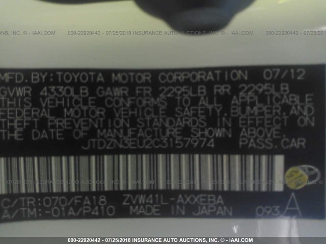 JTDZN3EU2C3157974 - 2012 TOYOTA PRIUS V WHITE photo 9