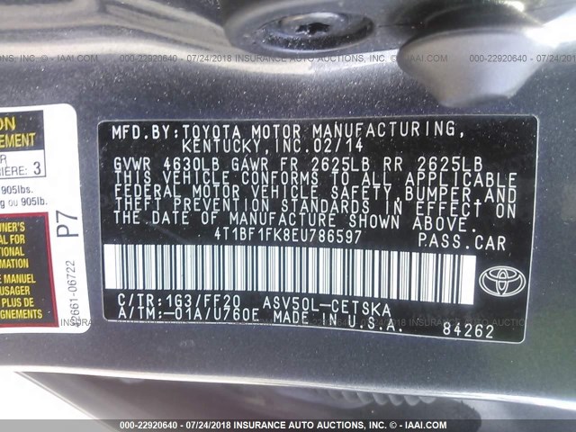 4T1BF1FK8EU786597 - 2014 TOYOTA CAMRY L/SE/LE/XLE Boz foto 9