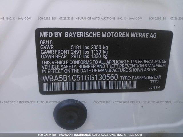 WBA5B1C51GG130560 - 2016 BMW 535 I WHITE photo 9