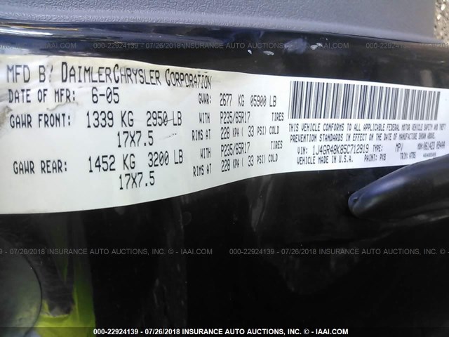 1J4GR48K85C712919 - 2005 JEEP GRAND CHEROKEE LAREDO/COLUMBIA/FREEDOM 黑色 照片 9