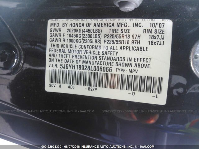 5J6YH18928L006066 - 2008 HONDA ELEMENT SC BLACK photo 9