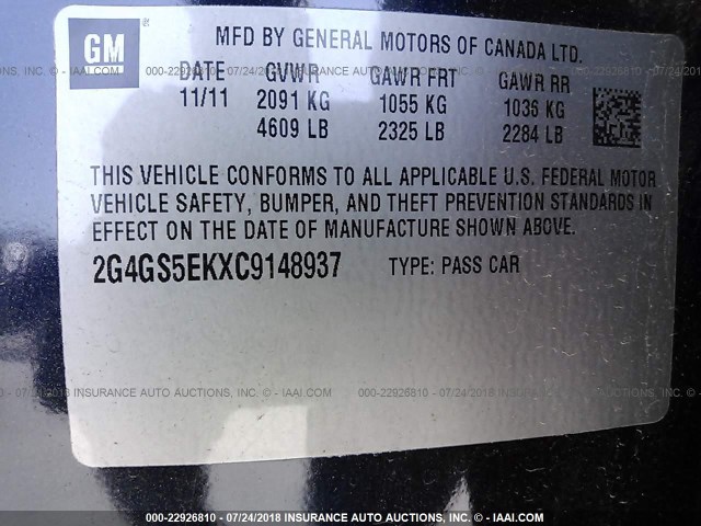 2G4GS5EKXC9148937 - 2012 BUICK REGAL PREMIUM BLUE photo 9