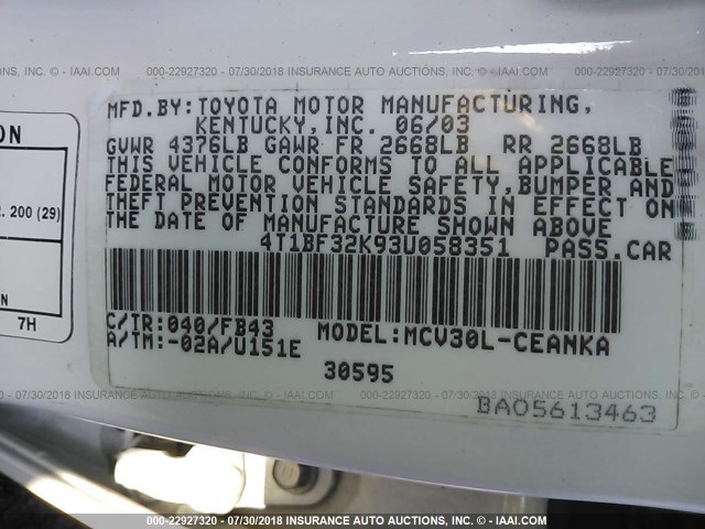 4T1BF32K93U058351 - 2003 TOYOTA CAMRY LE/XLE/SE 白色 照片 9