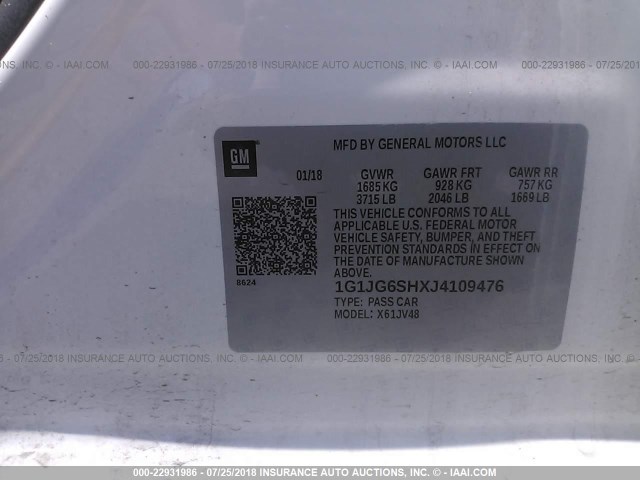 1G1JG6SHXJ4109476 - 2018 CHEVROLET SONIC WHITE photo 9
