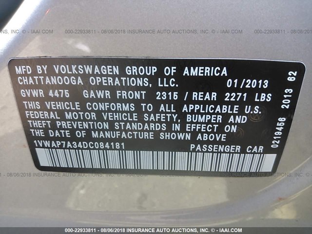 1VWAP7A34DC084181 - 2013 VOLKSWAGEN PASSAT S TAN photo 9