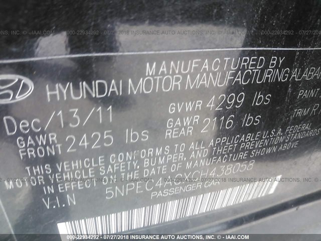 5NPEC4ACXCH438058 - 2012 HYUNDAI SONATA SE/LIMITED BLACK photo 9