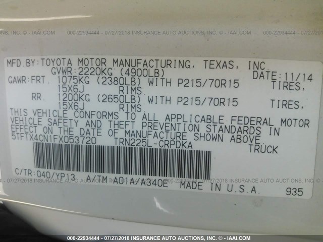 5TFTX4CN1FX053720 - 2015 TOYOTA TACOMA ACCESS CAB თეთრი ფოტო 9