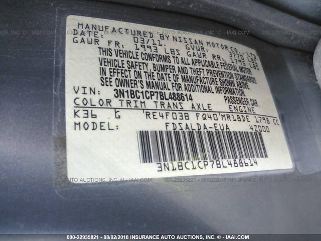 3N1BC1CP7BL488614 - 2011 NISSAN VERSA S/SL SILVER photo 9