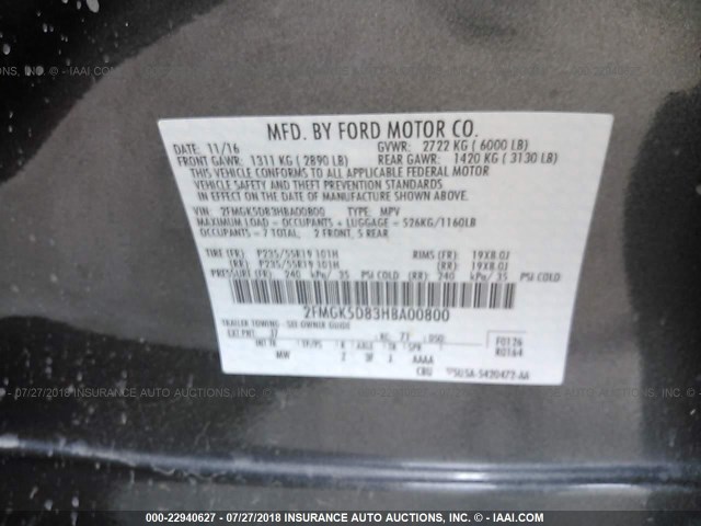 2FMGK5D83HBA00800 - 2017 FORD FLEX LIMITED GRAY photo 9